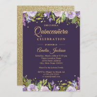 Quinceanera Floral Dourada Roxo Sparkle Invite