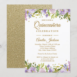 Convites Quinceanera Floral Dourada Sparkle Invite