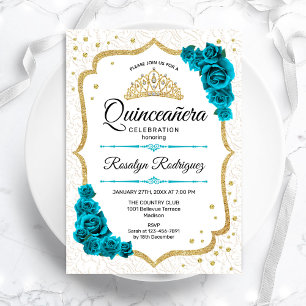 Convites Quinceanera Floral Dourada Teal Branca