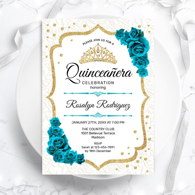 Convites Quinceanera Floral Dourada Teal Branca (Criador carregado)