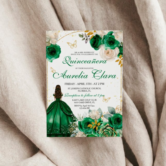 Convites Quinceanera Floral Dourada Verde (Criador carregado)