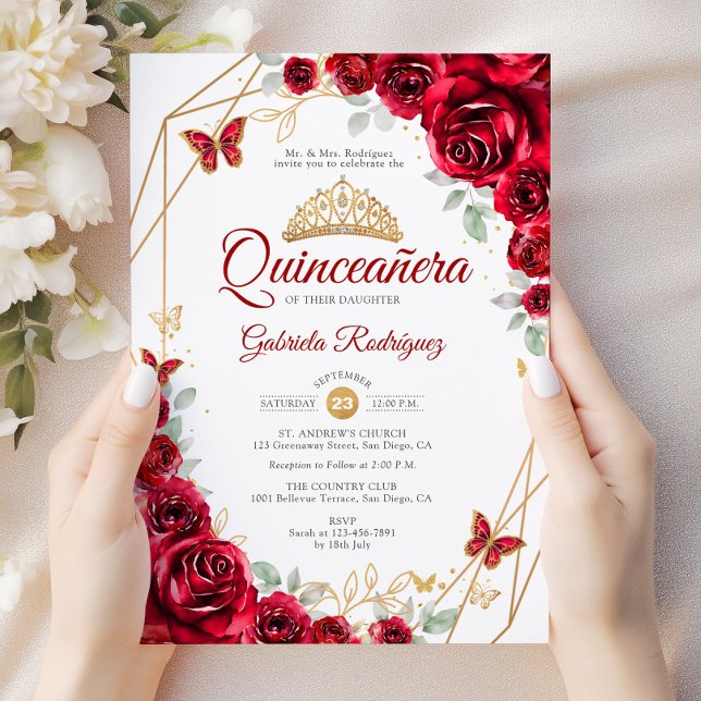Convites Quinceanera Floral Dourada Vermelha (Criador carregado)