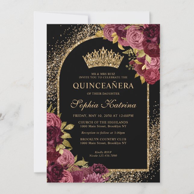 Convites Quinceanera Floral Dourada Vermelha Burgundia Negr (Frente)