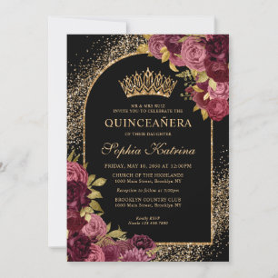 Convites Quinceanera Floral Dourada Vermelha Burgundia Negr