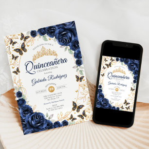 Convites Quinceanera Floral Dourado Azul-Marinho