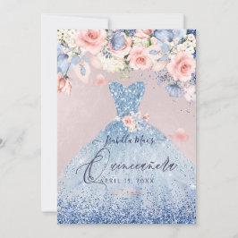 Convites Quinceanera Floral Dusty Blue Glitter