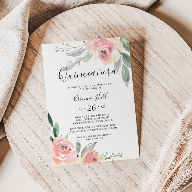 Convites Quinceañera Floral Elegante Blush (Criador carregado)
