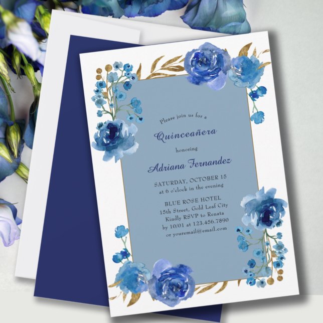 Convites Quinceanera Floral Elegante de Rosa azul e folha D (Criador carregado)
