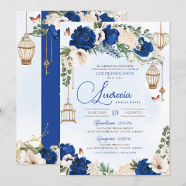 Convites Quinceañera Floral Elegante Dourada Azul