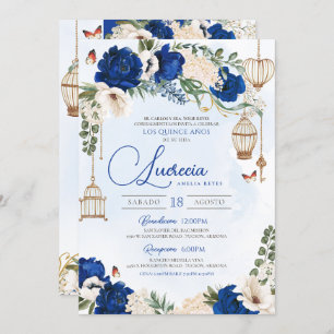 Convites Quinceañera Floral Elegante Dourada Azul