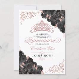 Convites Quinceanera Floral Elegante, Dourada e Rosa