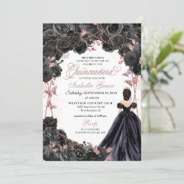 Convites Quinceanera Floral Elegante, Dourada e Rosa