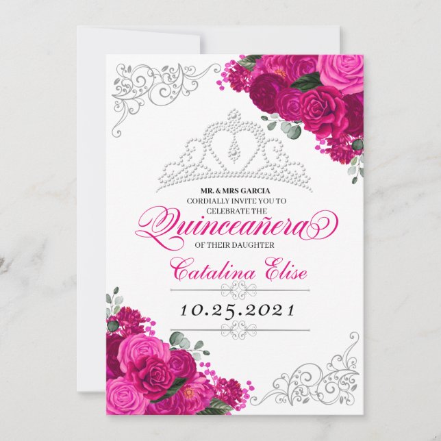 Convites Quinceanera Floral Elegante Fuchsia Rosa (Frente)