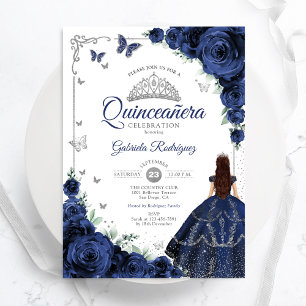 Convites Quinceanera Floral Elegante Marinho Azul Silver
