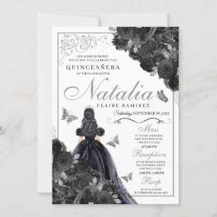 Convites Quinceanera Floral Elegante Preta e Prata