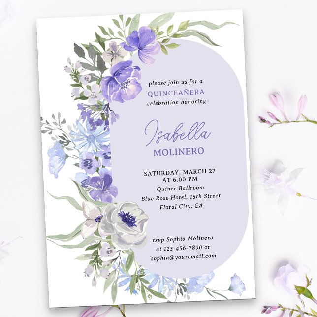 Convites Quinceanera Floral Elegante Púrpura Peri (Purple floral quinceanera invitation with modern oval framed with watercolor flowers)