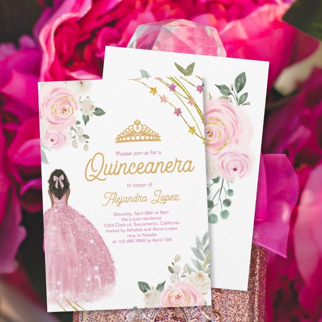 Convites Quinceanera Floral Elegante Rosa Dourada (Criador carregado)