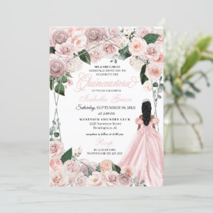 Convites Quinceanera Floral Elegante, Rosa e Prata, I