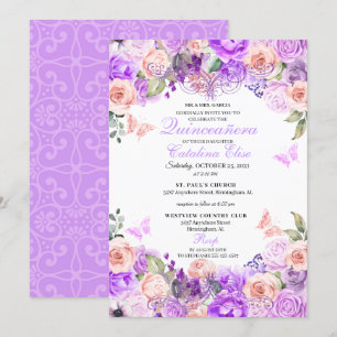 Convites Quinceanera Floral Elegante, Rosa e Roxo, Anivers