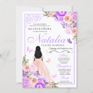 Convites Quinceanera Floral Elegante, Rosa e Roxo, Aniversá