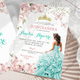 Convites Quinceañera Floral Elegante Rosa e Teal