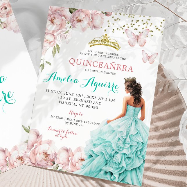Convites Quinceañera Floral Elegante Rosa e Teal (Criador carregado)