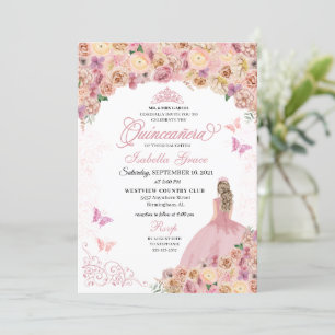 Convites Quinceanera Floral Elegante Rosa Pêssego