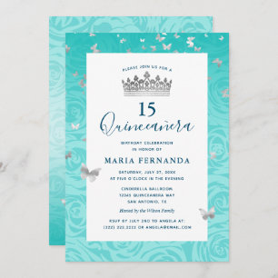 Convites Quinceanera Floral Elegante Rosa Teal Silver