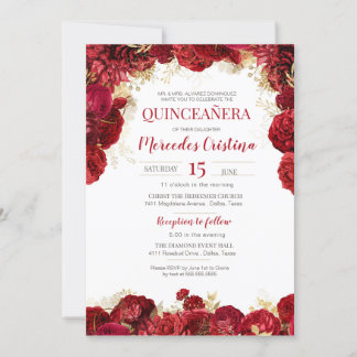 Convites Quinceanera Floral Elegante rosa vermelha