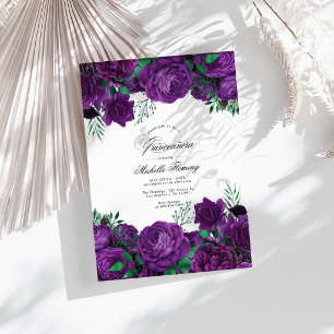 Convites Quinceañera Floral Elegante Roxo e Verde Foto