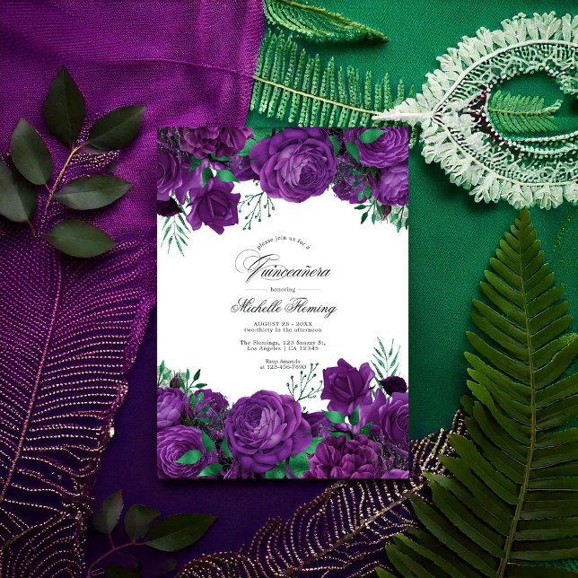 Convites Quinceañera Floral Elegante Roxo e Verde Foto (Elegant Purple and Green Floral Quinceañera Photo Invitation)