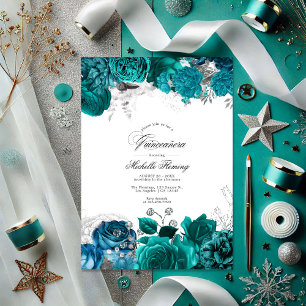 Convites Quinceañera Floral Elegante Teal e Silver