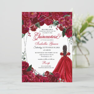 Convites Quinceanera Floral Elegante Vermelha e Prata Anive