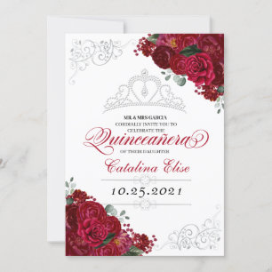 Convites Quinceanera Floral Elegante Vermelha e Prata Anive