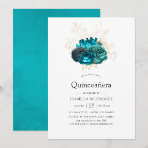 Convites Quinceañera Floral em Verde Azul e Dourado