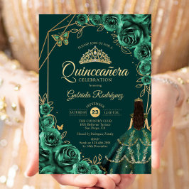 Convites Quinceanera Floral Emerald Gold Gold Dress