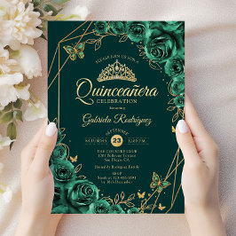 Convites Quinceanera Floral Emerald Green Dourado