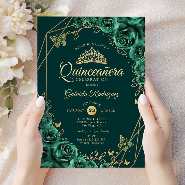 Convites Quinceanera Floral Emerald Green Dourado (Criador carregado)