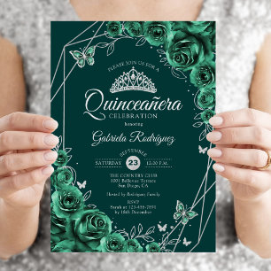 Convites Quinceanera Floral Emerald Green Silver
