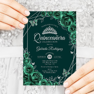Convites Quinceanera Floral Emerald Green Silver