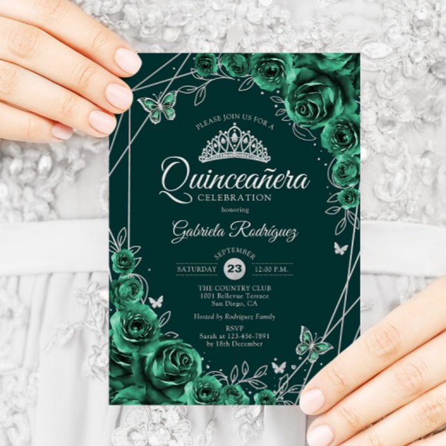 Convites Quinceanera Floral Emerald Green Silver (Criador carregado)