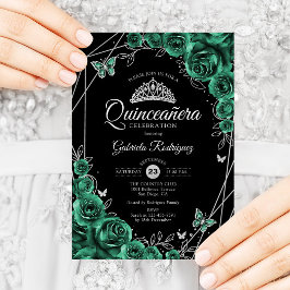 Convites Quinceanera Floral Emerald Green Silver Black