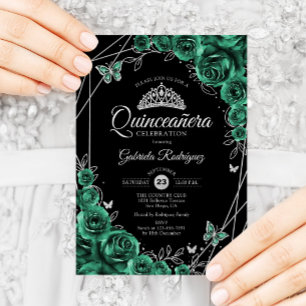 Convites Quinceanera Floral Emerald Green Silver Black