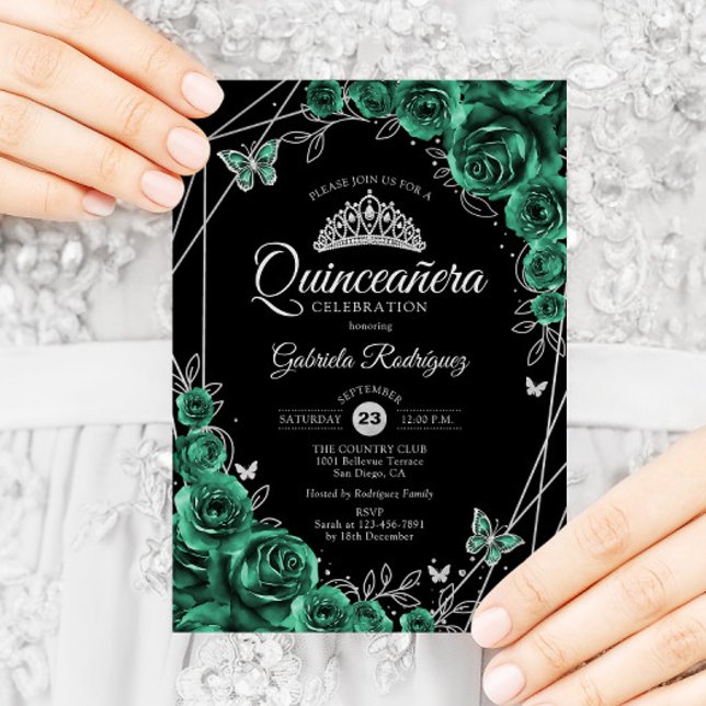Convites Quinceanera Floral Emerald Green Silver Black (Criador carregado)