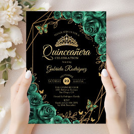 Convites Quinceanera Floral Esmerald Verde Dourado