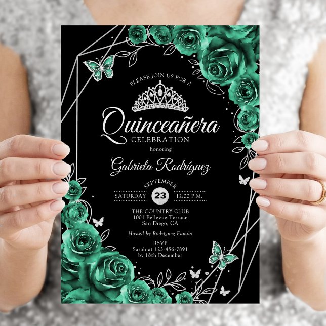 Convites Quinceanera Floral Esmeralda Verde Prata Preto (Criador carregado)