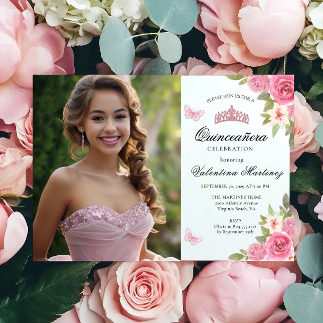 Convites Quinceanera Floral Fotográfica Rosa Esbranquiçada (Criador carregado)