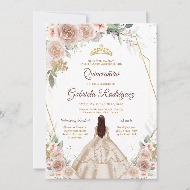 Convites Quinceanera Floral Gold Invitation (Frente)