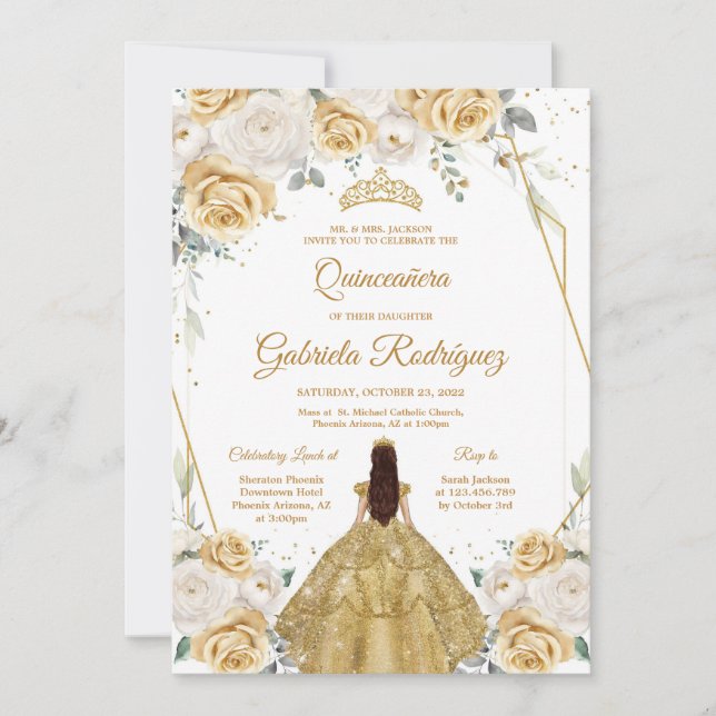 Convites Quinceanera Floral Gold Invitation (Frente)