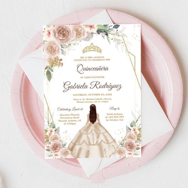 Convites Quinceanera Floral Gold Invitation (Criador carregado)